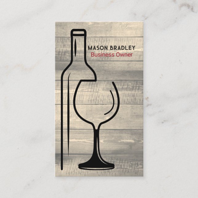 Wine Bottle Glass Graphics | Wood Background Business Card (Front)