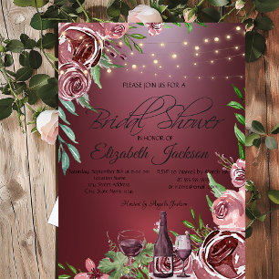 Wine Bottle Glass Roses Burgundy Bridal Shower   Invitation