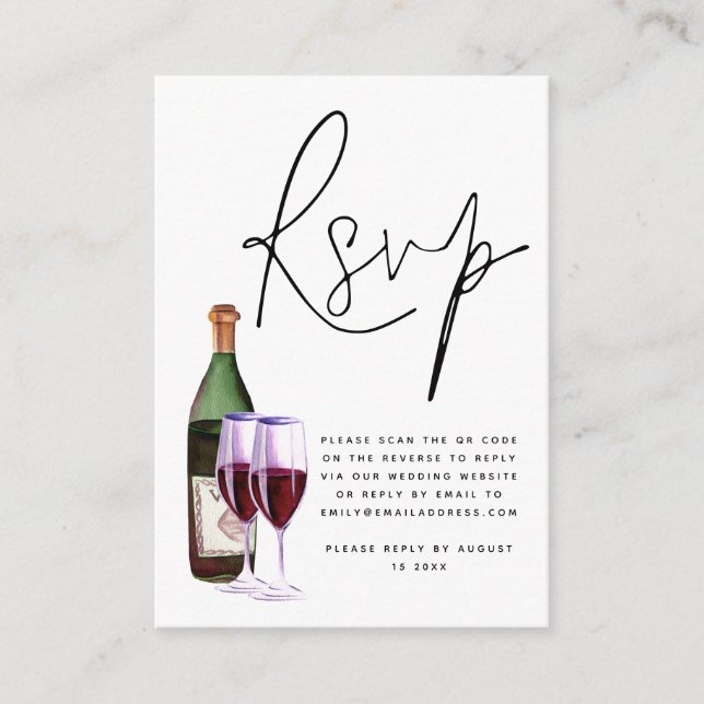 Wine Bottle Glass Script QR Code Wedding RSVP Enclosure Card (Front)