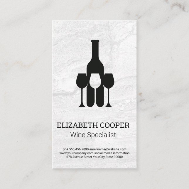 Wine Bottle Glasses Logo | Marble Background Business Card (Front)