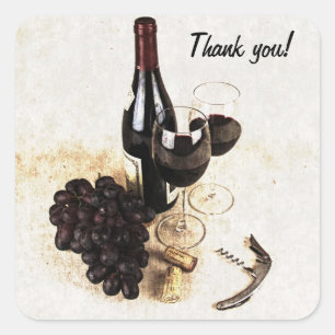 Wine bottle, grapes and corks square sticker