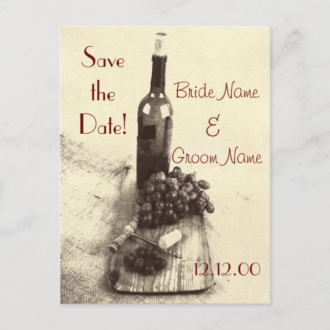 Wine bottle grapes and corkscrew announcement postcard (Front)