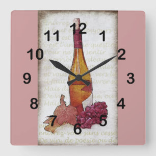 wine bottle, grapes and grape leaf square wall clock