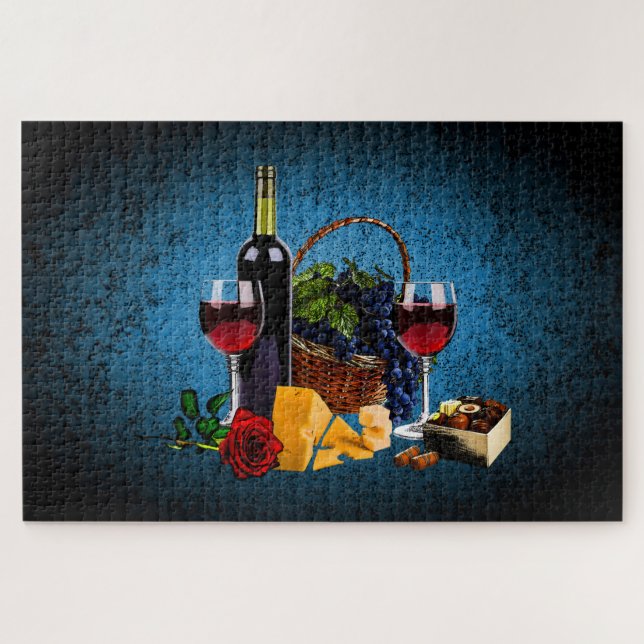 Wine bottle/grapes/basket, cheese, chocolate, Blue Jigsaw Puzzle (Horizontal)