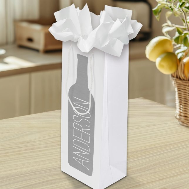Wine Bottle Illustration - Modern White Name Gift Bag (Custom WIne Gift Bag)
