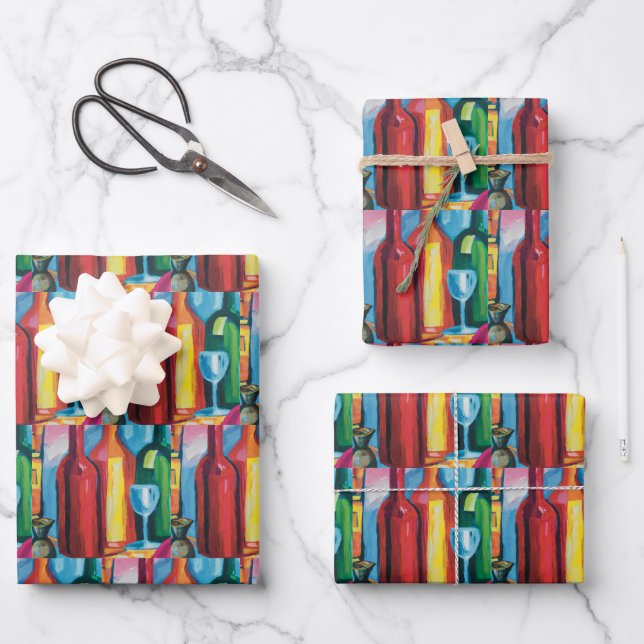 Wine Bottle Repeating Art Colourful Modern Wrappin Wrapping Paper Sheet (Front)
