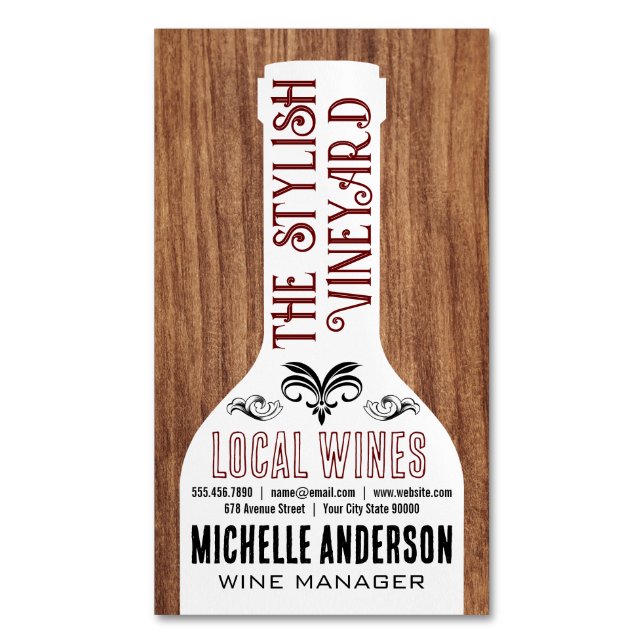 Wine Bottle | Stylish Fonts | Wood Magnetic Business Card (Front Vertical)