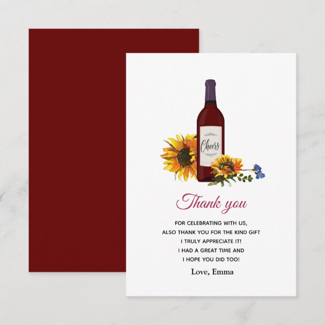 wine bottle sunflower thank you card (Front/Back)