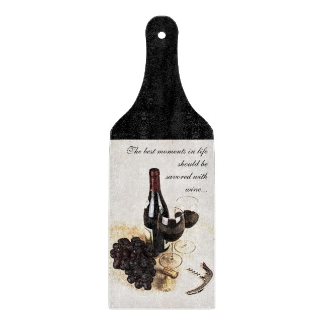 Wine bottle, wine glasses and grapes cutting board (Front)