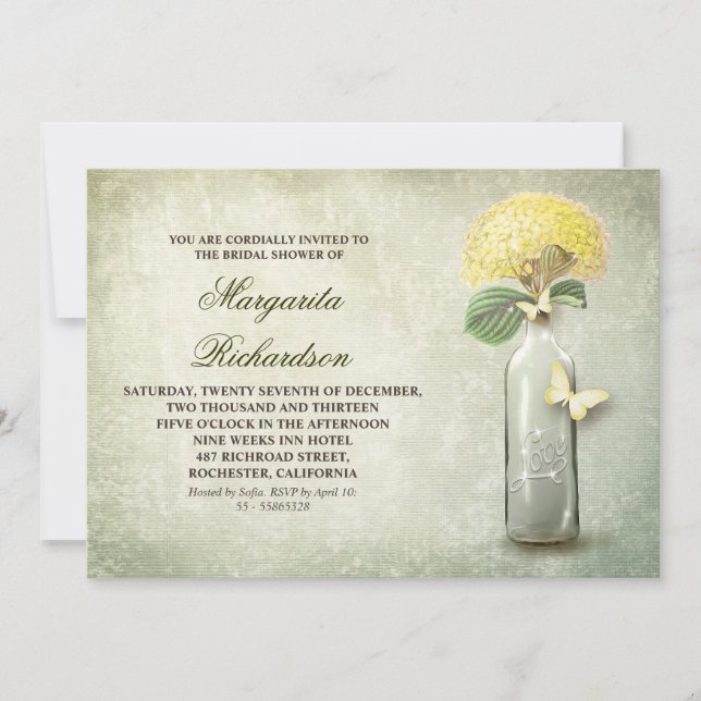 Wine bottle & yellow flowers bridal shower invites (Front)