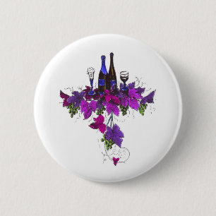 Wine bottles against purplish leaves 6 cm round badge