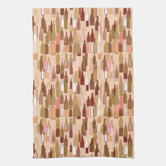 Wine bottles, earth colours, light coral tea towel (Vertical)