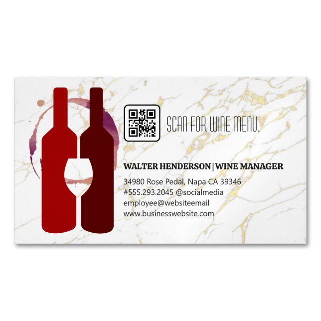 Wine Bottles Glass Red | Gold Marble Magnetic Business Card (Front)