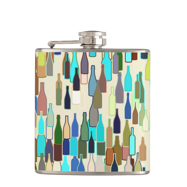 Wine bottles, multi colour, beige background hip flask (Front)