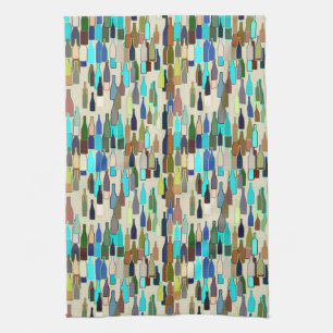 Wine bottles, multi colour, beige background tea towel