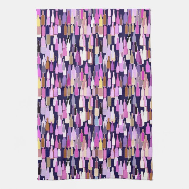 Wine bottles, multi colour, dark blue background tea towel (Vertical)