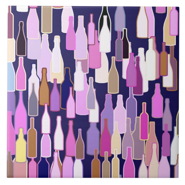Wine bottles, multi colour, dark blue background tile (Front)
