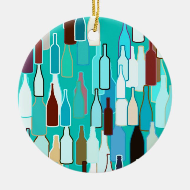 Wine bottles, multi colours, turquoise background ceramic tree decoration (Front)