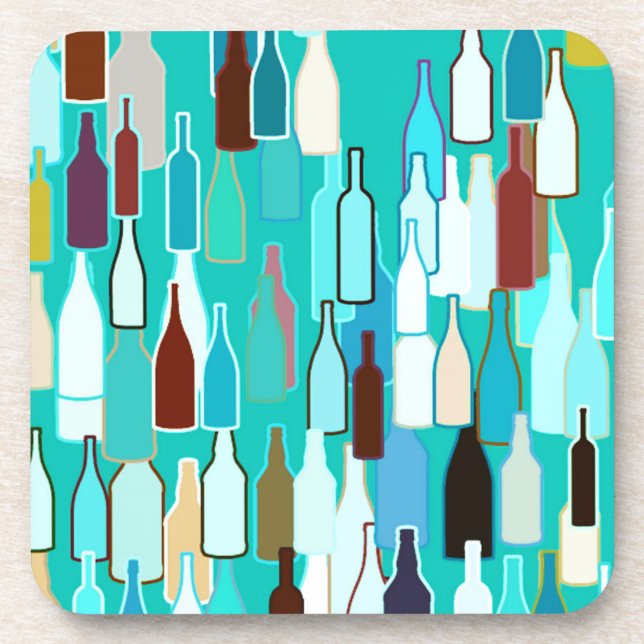 Wine bottles, multi colours, turquoise background coaster (Front)