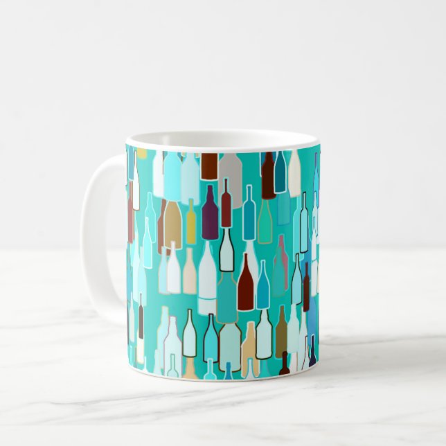 Wine bottles, multi colours, turquoise background coffee mug (Front Left)