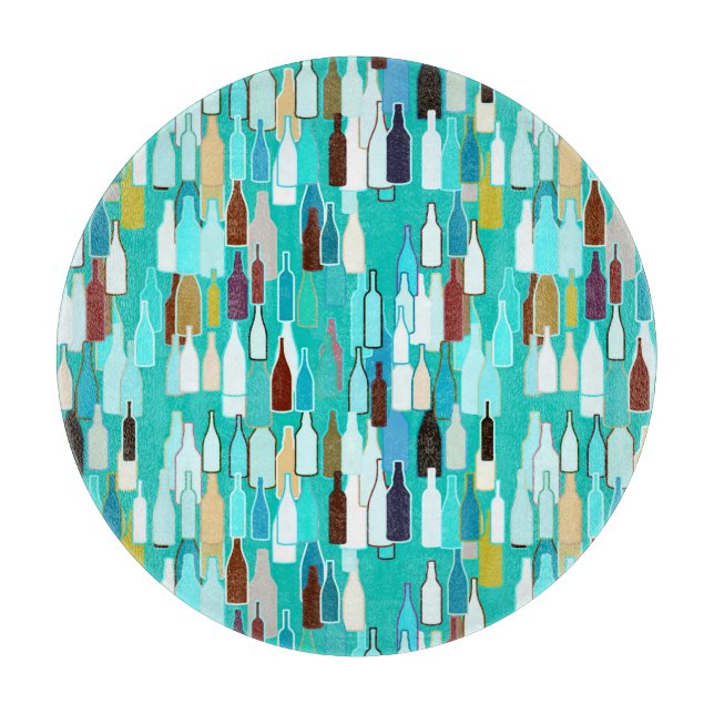 Wine bottles, multi colours, turquoise background cutting board (Front)