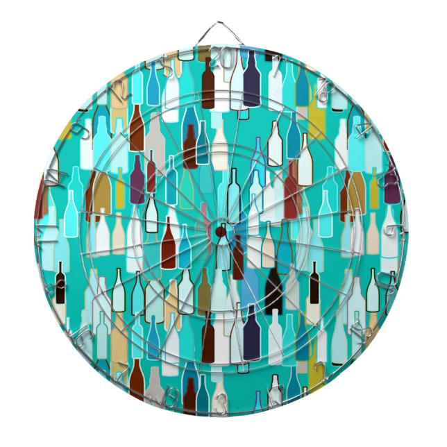 Wine bottles, multi colours, turquoise background dartboard (Front)