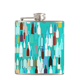 Wine bottles, multi colours, turquoise background hip flask