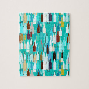 Wine bottles, multi colours, turquoise background jigsaw puzzle