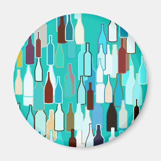 Wine bottles, multi colours, turquoise background magnet (Front)