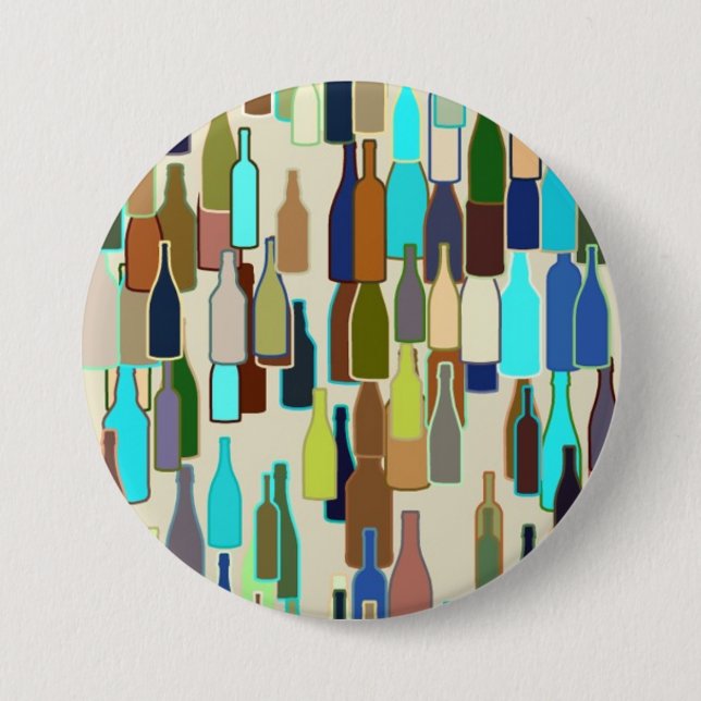 Wine bottles pattern, multi colour, beige 7.5 cm round badge (Front)