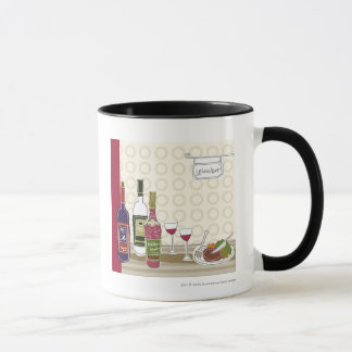 Wine bottles with wineglasses on table mug