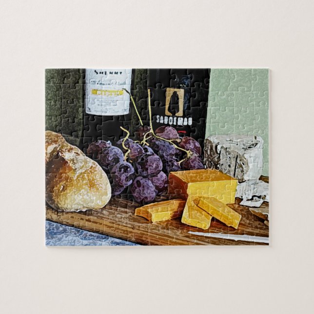 Wine Bread Cheese and Grapes Still Life Jigsaw Puzzle (Horizontal)