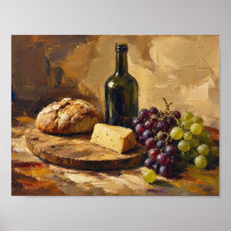 Wine Bread Cheese Grapes Abstract art painting Poster