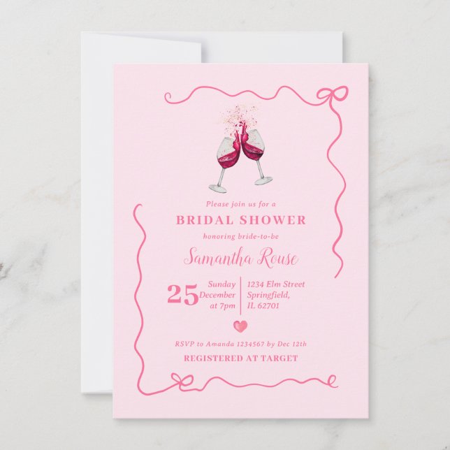 Wine Bridal Shower Valentine Handdrawn with Bow Invitation (Front)