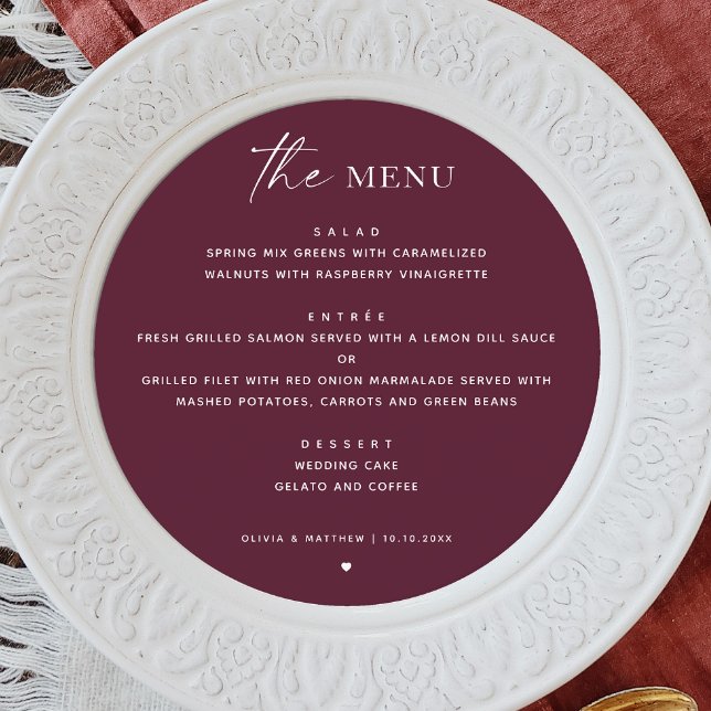 Wine Burgundy Fall Wedding. Minimalist Plum Circle Menu (Creator Uploaded)