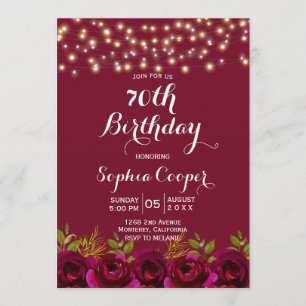 Wine Burgundy Floral String Lights 70th Birthday Invitation
