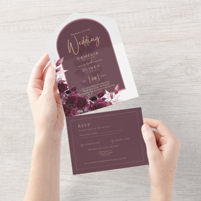Wine Burgundy Roses Gold Text Wedding All In One Invitation (Tearaway)