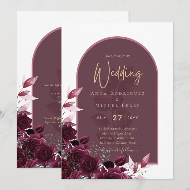 Wine Burgundy Roses Gold Text Wedding Invitation (Front/Back)