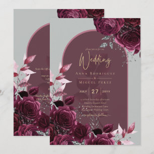 Wine Burgundy Roses Gold Text Wedding Invitation