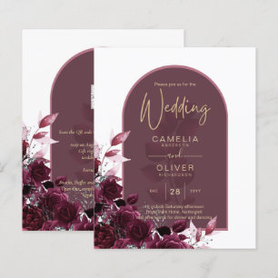 Wine Burgundy Roses Gold Text Wedding INVITE