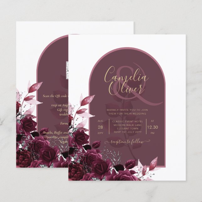 Wine Burgundy Roses Gold Text Wedding INVITE (Front/Back)