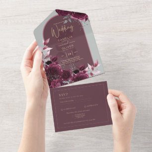 Wine Burgundy Roses Gold Text Wedding INVITE