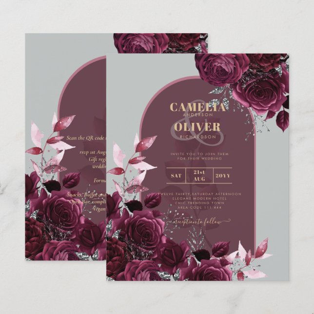 Wine Burgundy Roses Gold Text Wedding INVITE (Front/Back)
