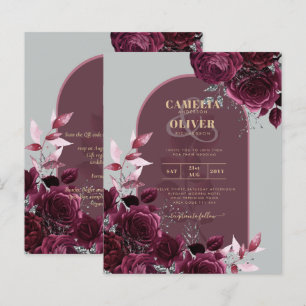 Wine Burgundy Roses Gold Text Wedding INVITE