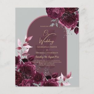 Wine Burgundy Roses Gold Text Wedding INVITE