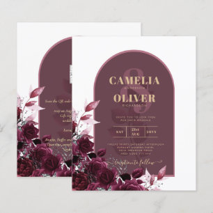 Wine Burgundy Roses Gold Text Wedding INVITE