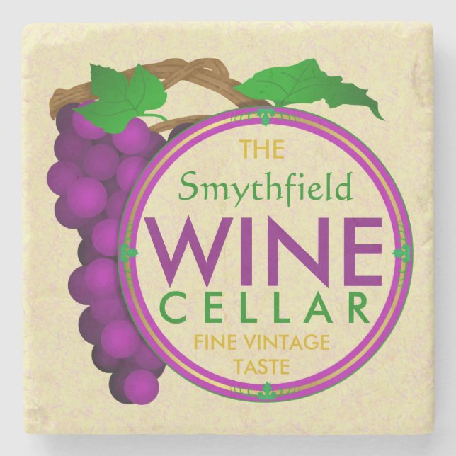 Wine Cellar Purple Grapes Personalised Family Name Stone Coaster (Front)