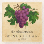 Wine Cellar Vintage Grapes Add Personalised Name Glass Coaster<br><div class="desc">Create your own, custom vintage wine cellar glass coaster with this easy template. This elegant drink coaster has an antique cluster of purple grapes, recolored and brightened so they contrast nicely against the aged, slightly stained parchment background. The text reads [Your Name's] Wine Cellar, established [year]. All text can be...</div>