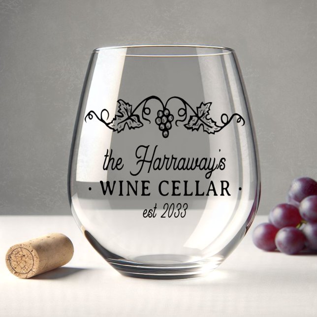 Wine Cellar with Grapes Personalised Name and Date Stemless Wine Glass (Creator Uploaded)
