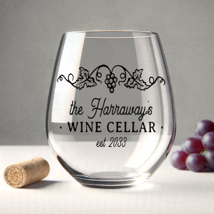 Wine Cellar with Grapes Personalised Name and Date Stemless Wine Glass